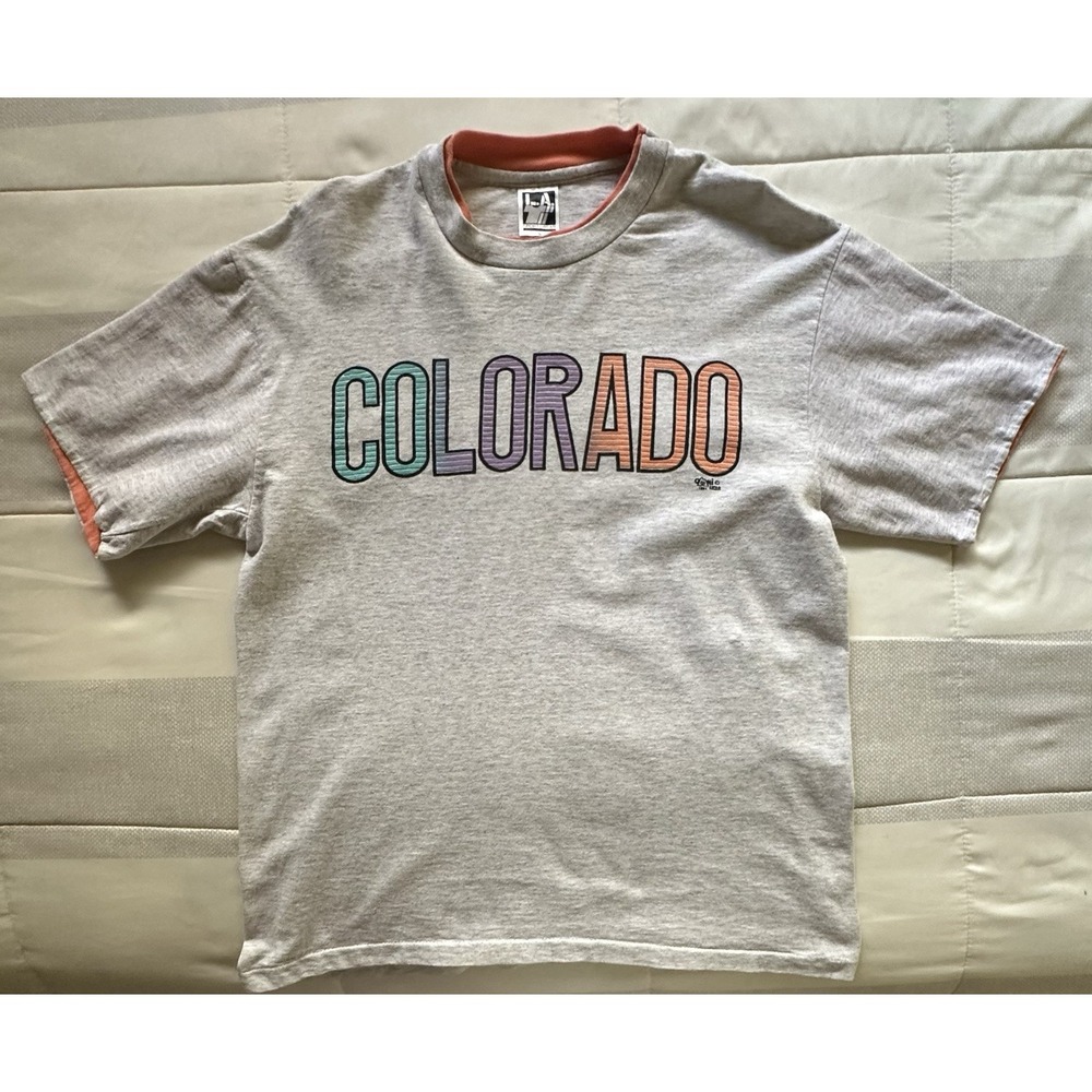 VTG 1991‎ Colorado T-Shirt LA Sportswear Double Layer Puff Print Gray L